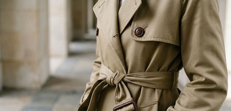Close-up of a khaki trench coat showing the tied belt and storm flap detail.